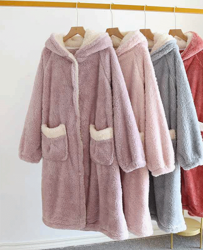 [샤워가운/겨울가운잠옷]곰돌이귀 빅포켓 박시핏 가운원피스 극세사원피스잠옷